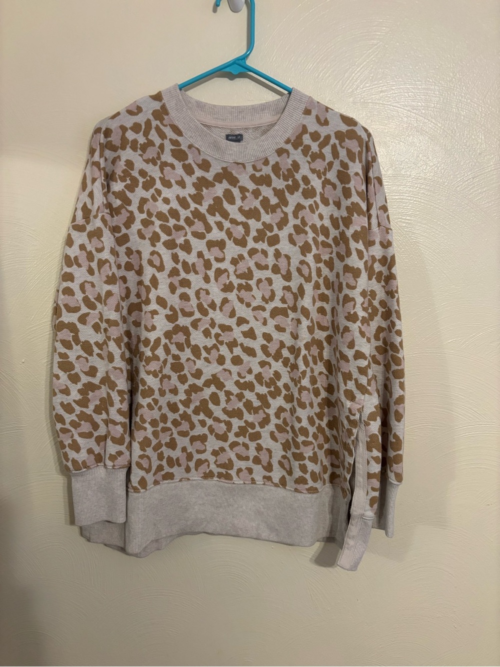 Aerie S Leopard Print Oversized Crewneck Sweatshirt Tan Pink Pullover